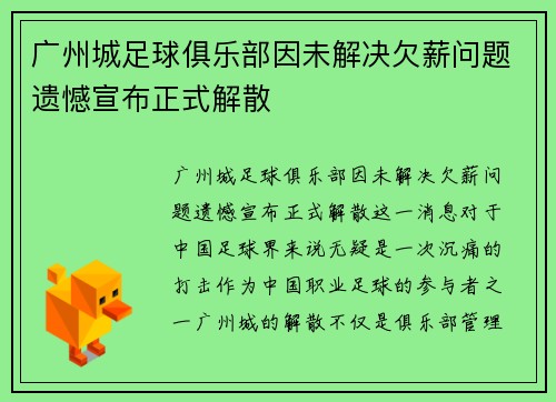 广州城足球俱乐部因未解决欠薪问题遗憾宣布正式解散
