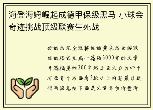 海登海姆崛起成德甲保级黑马 小球会奇迹挑战顶级联赛生死战